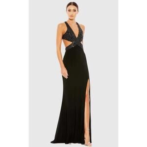 Mac Duggal 6 Dress Black Long Beaded Cut Out Gown Plunge 68166 Prom Cocktail NEW